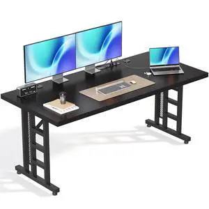 71 Inch Executive Computer Desk with Outlets, Black | Office Table with 3-Piece Thick Board, Outlets And 2 Cable Holes For Home Office, Computer Workstation 71 Inch Executive Computer Desk with Outlets, Black | Office Table with 3-Piece Thick Board, Outlets And 2 Cable Holes For Home Office, Computer Workstation