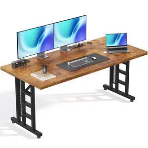 71 Inch Executive Computer Desk with Outlets, Rustic Brown | Office Table with 3-Piece Thick Board, Outlets And 2 Cable Holes For Home Office, Computer Workstation 71 Inch Executive Computer Desk with Outlets, Rustic Brown | Office Table with 3-Piece Thick Board, Outlets And 2 Cable Holes For Home Office, Computer Workstation