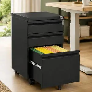 3 Drawer Metal File Cabinet with Lock & Rolling Casters | Fully Assembled Mobile Filing Cabinet on Wheels, Under Desk Office Storage Organizer for Letter/Legal/A4 Files, Black 3 Drawer Metal File Cabinet with Lock & Rolling Casters | Fully Assembled Mobile Filing Cabinet on Wheels, Under Desk Office Storage Organizer for Letter/Legal/A4 Files, Black