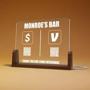 Personalized Acrylic Business QR Code Sign with Wood Base | Custom Payment and Social Media Tabletop Display | Business Counter Sign with 2 QR Codes Custom Text and Icons | Wide 8x6 Height (BP-C) Personalized Acrylic Business QR Code Sign with Wood Base | Custom Payment and Social Media Tabletop Display | Business Counter Sign with 2 QR Codes Custom Text and Icons | Wide 8x6 Height (BP-C)