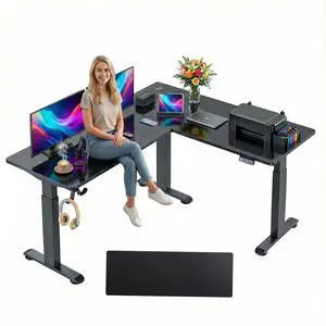 63x55 L Standing Adjustable Desk with 39x18 Mouse Pad, Black | Adjustable Height L Shaped Home Office Gaming Writing Studying Computer Workstation with Hooks 63x55 L Standing Adjustable Desk with 39x18 Mouse Pad, Black | Adjustable Height L Shaped Home Office Gaming Writing Studying Computer Workstation with Hooks
