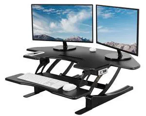Black 43 in Electric Corner Desk Converter, DESK-V000VCE | Large, Height Adjustable, Stand Up Desk Riser, Keyboard Tray, Dual Monitor and Laptop Workstation, Black Frame, V Series Black 43 in Electric Corner Desk Converter, DESK-V000VCE | Large, Height Adjustable, Stand Up Desk Riser, Keyboard Tray, Dual Monitor and Laptop Workstation, Black Frame, V Series