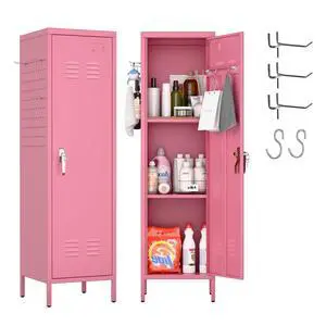 Pink Metal Locker with Lock, Pegboards and 5 Hooks, 54.45" H | 15"W x 15"D steel locker with keyed lock, 2 door pegboards, 5 hooks, ventilation openings and required assembly Pink Metal Locker with Lock, Pegboards and 5 Hooks, 54.45" H | 15"W x 15"D steel locker with keyed lock, 2 door pegboards, 5 hooks, ventilation openings and required assembly