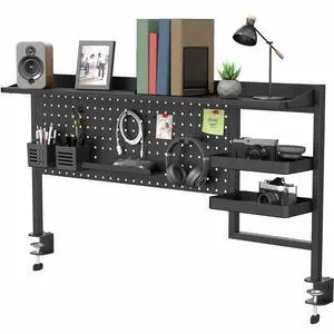 Steel Clamp-on 46 x 25 inch Desk Pegboard System with Storage Shelf and Accessory Trays, Multi-Purpose Office Organizer, Black, PP-PBSF46 Steel Clamp-on 46 x 25 inch Desk Pegboard System with Storage Shelf and Accessory Trays, Multi-Purpose Office Organizer, Black, PP-PBSF46