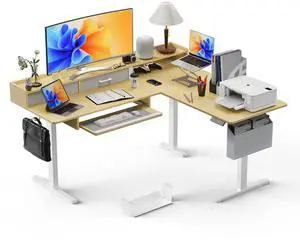 63 Inches L Shaped Standing Desk with Keyboard Tray and 2 Drawers, L Shaped Electric Standing Desk, Adjustable L Shaped Office Desk,Corner Standing Desk for Home Office, Oak 63 Inches L Shaped Standing Desk with Keyboard Tray and 2 Drawers, L Shaped Electric Standing Desk, Adjustable L Shaped Office Desk,Corner Standing Desk for Home Office, Oak