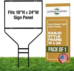 Real Estate Steel Banjo-Style Rod Sign Frame, 18 x 24 in, Black, 1 Pack | Powder-Coated, Ground Mount, Rust-Resistant, Fits Aluminum & Corrugated Panels, Weighs 9 lbs, 45-in Height, Pointed Legs Real Estate Steel Banjo-Style Rod Sign Frame, 18 x 24 in, Black, 1 Pack | Powder-Coated, Ground Mount, Rust-Resistant, Fits Aluminum & Corrugated Panels, Weighs 9 lbs, 45-in Height, Pointed Legs