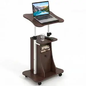 Rolling Lectern Podium Stand, Height Adjustable Laptop Table with Tilting Tabletop & Storage Shelves, Compact Standing Desk with Lockable Casters for Home Office School (Brown) Rolling Lectern Podium Stand, Height Adjustable Laptop Table with Tilting Tabletop & Storage Shelves, Compact Standing Desk with Lockable Casters for Home Office School (Brown)