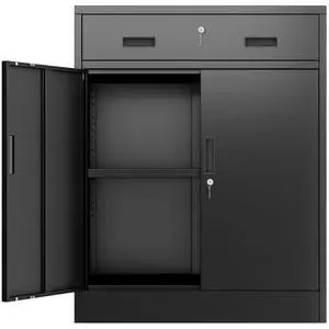 Metal Storage Cabinet, Garage Storage Cabinet with One Drawer and Adjustable Shelf, Locking Short Storage Cabinet for Office Garage Home, Black Metal Cabinets(36" H x 27.5" W x 16" D) Metal Storage Cabinet, Garage Storage Cabinet with One Drawer and Adjustable Shelf, Locking Short Storage Cabinet for Office Garage Home, Black Metal Cabinets(36" H x 27.5" W x 16" D)