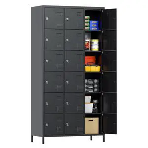 18-Door Metal Employee Locker with Padlock Hasps, Black | 72"H x 35.4"W x 15.75"D steel locker with vented doors, name card slots, raised legs and required assembly 18-Door Metal Employee Locker with Padlock Hasps, Black | 72"H x 35.4"W x 15.75"D steel locker with vented doors, name card slots, raised legs and required assembly