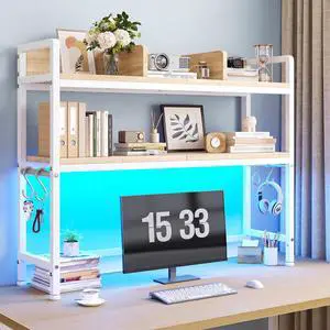 2-Tier Desk Shelf with LED for Bedroom and Home Office, White | Students & Renters, Wood & Steel, Holds 44 lbs & 33 lbs per Tier, Adjustable Shelf, Anti-tip & 4 Hooks, 37.5 2-Tier Desk Shelf with LED for Bedroom and Home Office, White | Students & Renters, Wood & Steel, Holds 44 lbs & 33 lbs per Tier, Adjustable Shelf, Anti-tip & 4 Hooks, 37.5