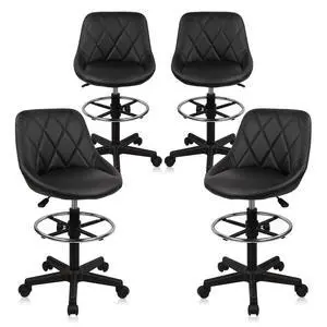 Drafting Chair with Backrest and Wheels, Adjustable Footrest Height Rolling Stool, PU Leather Tall Swivel Chairs Work Shop Office Desk Stools for Kitchen Home Bar, Black, 4 Pack Drafting Chair with Backrest and Wheels, Adjustable Footrest Height Rolling Stool, PU Leather Tall Swivel Chairs Work Shop Office Desk Stools for Kitchen Home Bar, Black, 4 Pack