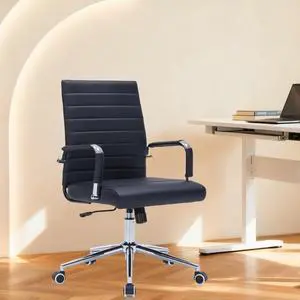 Ergonomic Office Chair, Executive PU Leather Desk Chair with Adjustable Lumbar Support and Smooth-Rolling Wheels for Home Office Conference Room, Mid Back, Black Ergonomic Office Chair, Executive PU Leather Desk Chair with Adjustable Lumbar Support and Smooth-Rolling Wheels for Home Office Conference Room, Mid Back, Black
