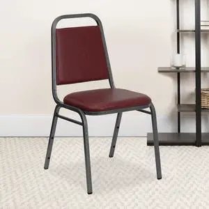 Burgundy Vinyl Trapezoidal Back Stacking Banquet Chair | Silver Vein Frame, Vinyl Upholstery Burgundy Vinyl Trapezoidal Back Stacking Banquet Chair | Silver Vein Frame, Vinyl Upholstery