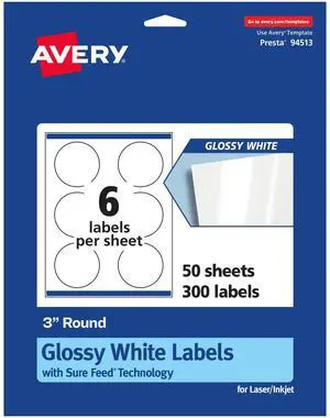 Round Labels, Sure Feed Technology, 3" Diameter, 300 Glossy White Labels (36502) Round Labels, Sure Feed Technology, 3" Diameter, 300 Glossy White Labels (36502)