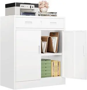 Metal Storage Cabinet, Locking Storage Cabinet with 1 Drawer and Adjustable Shelf, 36" H x 28" W x 16" D White Metal Cabinets for Office, Home, Garage Metal Storage Cabinet, Locking Storage Cabinet with 1 Drawer and Adjustable Shelf, 36" H x 28" W x 16" D White Metal Cabinets for Office, Home, Garage