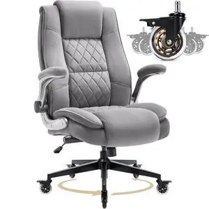 Fabric High Back Office Chair, Thick Padded Ergonomic Computer Desk Chair | Lockable Quiet Casters, Adjustable Lumbar Support & Flip-Up Arms, 400LBS Capacity, Wide Executive Chair for Back Pain Fabric High Back Office Chair, Thick Padded Ergonomic Computer Desk Chair | Lockable Quiet Casters, Adjustable Lumbar Support & Flip-Up Arms, 400LBS Capacity, Wide Executive Chair for Back Pain