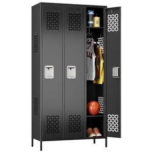 72-Inch 3-Door Metal Locker for Employees, 9 Hooks, Black | Three ventilated locking compartments with hooks, removable shelves, and name-card slots for gyms, offices, and staff areas 72-Inch 3-Door Metal Locker for Employees, 9 Hooks, Black | Three ventilated locking compartments with hooks, removable shelves, and name-card slots for gyms, offices, and staff areas