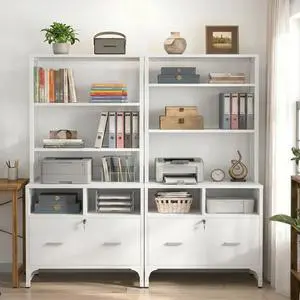 Vertical File Cabinet with Shelves and Charging Station, 2 Pack | Filing Cabinet Bookshelf with Lock & Large Drawer, Printer Stand with Office Storage Cabinet, White Vertical File Cabinet with Shelves and Charging Station, 2 Pack | Filing Cabinet Bookshelf with Lock & Large Drawer, Printer Stand with Office Storage Cabinet, White