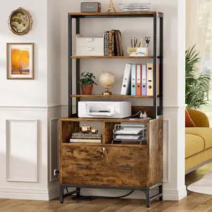 Vertical File Cabinet with Shelves and Charging Station | Filing Cabinet Bookshelf with Lock & Large Drawer, Printer Stand with Office Storage Cabinet, Rustic Brown Vertical File Cabinet with Shelves and Charging Station | Filing Cabinet Bookshelf with Lock & Large Drawer, Printer Stand with Office Storage Cabinet, Rustic Brown