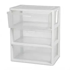 Wide 3-Drawer Storage Organizer Tower with Removable Clear Plastic Bins - 15.6" x 21" x 25.2", Tool-Free Assembly Drawer Unit with Carry Handles, White Wide 3-Drawer Storage Organizer Tower with Removable Clear Plastic Bins - 15.6" x 21" x 25.2", Tool-Free Assembly Drawer Unit with Carry Handles, White