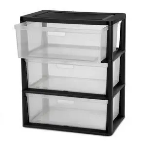 Wide 3-Drawer Storage Organizer Tower with Removable Clear Plastic Bins - 15.6" x 21" x 25.2", Tool-Free Assembly Drawer Unit with Carry Handles, Black Wide 3-Drawer Storage Organizer Tower with Removable Clear Plastic Bins - 15.6" x 21" x 25.2", Tool-Free Assembly Drawer Unit with Carry Handles, Black