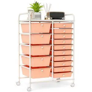 15-Drawer Rolling Storage Cart, Mobile Utility Cart on Wheels, Removable & 2-Sized Storage Drawers for Home, Study, Office, School,Paper Organizer (Peach) 15-Drawer Rolling Storage Cart, Mobile Utility Cart on Wheels, Removable & 2-Sized Storage Drawers for Home, Study, Office, School,Paper Organizer (Peach)