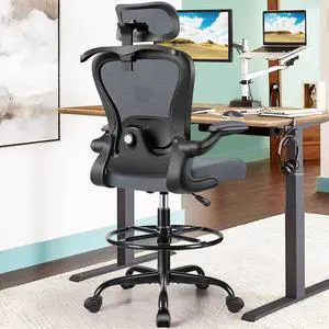 Drafting Chair, Tall Office Chair with 3D Lumbar & Head Support | Ergonomic Mesh Standing Desk Chair with Footrest Ring, Comfy Extended High Desk Chair with Flip-Up Arms & Hanger, Dark Gray Drafting Chair, Tall Office Chair with 3D Lumbar & Head Support | Ergonomic Mesh Standing Desk Chair with Footrest Ring, Comfy Extended High Desk Chair with Flip-Up Arms & Hanger, Dark Gray