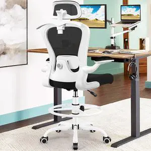 Drafting Chair, Tall Office Chair with 3D Lumbar & Head Support | Ergonomic Mesh Standing Desk Chair with Footrest Ring, Comfy Extended High Desk Chair with Flip-Up Arms & Hanger, White Drafting Chair, Tall Office Chair with 3D Lumbar & Head Support | Ergonomic Mesh Standing Desk Chair with Footrest Ring, Comfy Extended High Desk Chair with Flip-Up Arms & Hanger, White