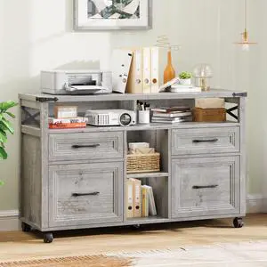 Farmhouse Filing Cabinet with Adjustable Shelf & Wheels, Grey | Lateral File Cabinets, Office Storage Cabinet with 4 Drawers, Open Storage Space, for Hanging Files A4/Letter for Home Office Farmhouse Filing Cabinet with Adjustable Shelf & Wheels, Grey | Lateral File Cabinets, Office Storage Cabinet with 4 Drawers, Open Storage Space, for Hanging Files A4/Letter for Home Office