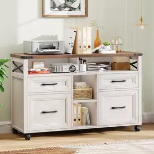 Farmhouse Filing Cabinet with Adjustable Shelf & Wheels, Off White | Lateral File Cabinets, Office Storage Cabinet with 4 Drawers, Open Storage Space, for Hanging Files A4/Letter for Home Office Farmhouse Filing Cabinet with Adjustable Shelf & Wheels, Off White | Lateral File Cabinets, Office Storage Cabinet with 4 Drawers, Open Storage Space, for Hanging Files A4/Letter for Home Office