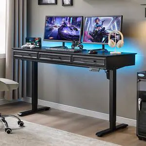 Electric Standing Desk w/3 Drawers, 55x22 Wood Computer Desk,Black | Wood Adjustable Height Computer Desk w/One-Piece Desktop, Sit to Stand Up,Power Outlets, Gaming Table for Home Office & Study Electric Standing Desk w/3 Drawers, 55x22 Wood Computer Desk,Black | Wood Adjustable Height Computer Desk w/One-Piece Desktop, Sit to Stand Up,Power Outlets, Gaming Table for Home Office & Study