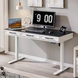 Electric Standing Desk w/3 Drawers, 55x22 Wood Computer Desk,White | Wood Adjustable Height Computer Desk w/One-Piece Desktop, Sit to Stand Up,Power Outlets, Gaming Table for Home Office & Study Electric Standing Desk w/3 Drawers, 55x22 Wood Computer Desk,White | Wood Adjustable Height Computer Desk w/One-Piece Desktop, Sit to Stand Up,Power Outlets, Gaming Table for Home Office & Study