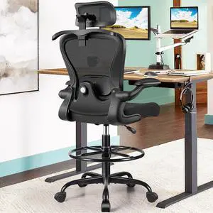 Drafting Chair, Tall Office Chair with 3D Lumbar & Head Support | Ergonomic Mesh Standing Desk Chair with Footrest Ring, Comfy Extended High Desk Chair with Flip-Up Arms & Hanger, Black Drafting Chair, Tall Office Chair with 3D Lumbar & Head Support | Ergonomic Mesh Standing Desk Chair with Footrest Ring, Comfy Extended High Desk Chair with Flip-Up Arms & Hanger, Black