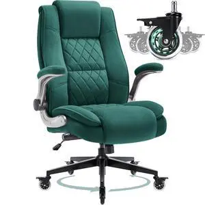 Fabric High Back Office Chair, Thick Padded Ergonomic Computer Desk Chair | Lockable Quiet Casters, Adjustable Lumbar Support & Flip-Up Arms, 400LBS Capacity, Wide Executive Chair for Back Pain Fabric High Back Office Chair, Thick Padded Ergonomic Computer Desk Chair | Lockable Quiet Casters, Adjustable Lumbar Support & Flip-Up Arms, 400LBS Capacity, Wide Executive Chair for Back Pain