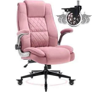 Fabric High Back Office Chair, Thick Padded Ergonomic Computer Desk Chair | Lockable Quiet Casters, Adjustable Lumbar Support & Flip-Up Arms, 400LBS Capacity, Wide Executive Chair for Back Pain Fabric High Back Office Chair, Thick Padded Ergonomic Computer Desk Chair | Lockable Quiet Casters, Adjustable Lumbar Support & Flip-Up Arms, 400LBS Capacity, Wide Executive Chair for Back Pain