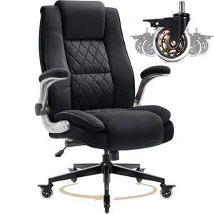 Fabric High Back Office Chair, Thick Padded Ergonomic Computer Desk Chair | Lockable Quiet Casters, Adjustable Lumbar Support & Flip-Up Arms, 400LBS Capacity, Wide Executive Chair for Back Pain Fabric High Back Office Chair, Thick Padded Ergonomic Computer Desk Chair | Lockable Quiet Casters, Adjustable Lumbar Support & Flip-Up Arms, 400LBS Capacity, Wide Executive Chair for Back Pain