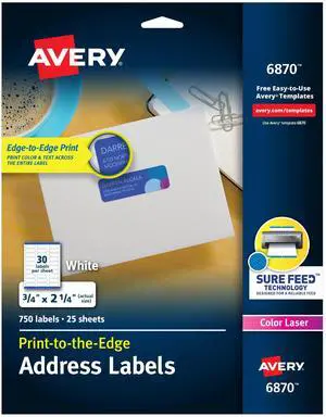Print-to-the-Edge Printable Address Labels, 0.75" x 2.25", Matte White, Sure Feed Technology, Laser & Inkjet Printable, 750 Blank Labels, Great for Mailing, Branding, and More (6870) Print-to-the-Edge Printable Address Labels, 0.75" x 2.25", Matte White, Sure Feed Technology, Laser & Inkjet Printable, 750 Blank Labels, Great for Mailing, Branding, and More (6870)
