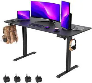 55 x 24 Inch Electric Standing Desk with 4 Wheels, Height Adjustable Desk for Home Office, Sit Stand Desk with 4 Memory Presets, Headphone Hooks and Cable Clips, Splice Board Black 55 x 24 Inch Electric Standing Desk with 4 Wheels, Height Adjustable Desk for Home Office, Sit Stand Desk with 4 Memory Presets, Headphone Hooks and Cable Clips, Splice Board Black