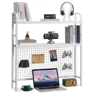 Desk Shelf, 36.8 Desktop Organizer Shelf with Grid Panel and Hooks, Desk Hutch for Computer Monitor, 2 Tier Desk Display Rack Wood Desktop Bookshelf Storage for Home Office Dorm Desk Shelf, 36.8 Desktop Organizer Shelf with Grid Panel and Hooks, Desk Hutch for Computer Monitor, 2 Tier Desk Display Rack Wood Desktop Bookshelf Storage for Home Office Dorm