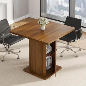 Small Square Conference Table for 2-4 People, 31.5 Inch, Walnut | Modern Meeting Room Table with Fluted Doors, Wood 2-Tier Storage, Small Compact, Office, Training, Conference Room Small Square Conference Table for 2-4 People, 31.5 Inch, Walnut | Modern Meeting Room Table with Fluted Doors, Wood 2-Tier Storage, Small Compact, Office, Training, Conference Room