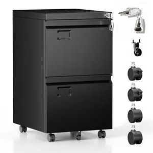 2 Drawer Rolling Metal File Cabinet with Lock, 5 Wheels, Black | Compact under-desk file cabinet for letter and legal files; 5-wheel rolling mobility, lockable storage, assembly required 2 Drawer Rolling Metal File Cabinet with Lock, 5 Wheels, Black | Compact under-desk file cabinet for letter and legal files; 5-wheel rolling mobility, lockable storage, assembly required