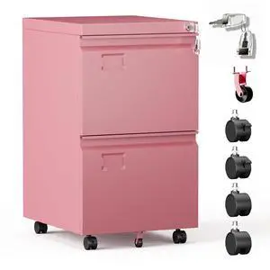 Pink 2 Drawer Metal File Cabinet with Lock and 5 Wheels | Rolling under-desk cabinet for Letter and Legal files; 5 casters, lock, steel construction, and required assembly Pink 2 Drawer Metal File Cabinet with Lock and 5 Wheels | Rolling under-desk cabinet for Letter and Legal files; 5 casters, lock, steel construction, and required assembly