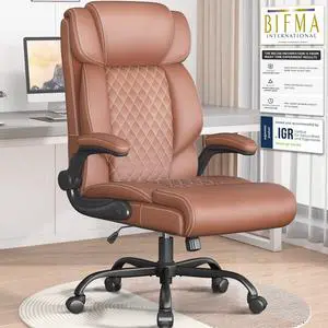 Office Chair-Executive High Back Breathable Big and Tall Office Chair Flip-up Armrests Lumbar Support-Ergonomic Leather Rolling Swivel Chair with Rock Function for Working Studying Gaming,Brown Office Chair-Executive High Back Breathable Big and Tall Office Chair Flip-up Armrests Lumbar Support-Ergonomic Leather Rolling Swivel Chair with Rock Function for Working Studying Gaming,Brown