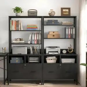 Vertical File Cabinet with Shelves and Charging Station, 2 Pack | Filing Cabinet Bookshelf with Lock & Large Drawer, Printer Stand with Office Storage Cabinet, Black Vertical File Cabinet with Shelves and Charging Station, 2 Pack | Filing Cabinet Bookshelf with Lock & Large Drawer, Printer Stand with Office Storage Cabinet, Black