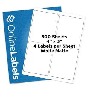 OnlineLabels 4" x 5" Labels - White Matte - Inkjet/Laser - 500 Sheets | Permanent Adhesive, Blank Rectangle Labels, Inkjet & Laser Compatible, Ideal for Shipping, Wine, & Product Labels OnlineLabels 4" x 5" Labels - White Matte - Inkjet/Laser - 500 Sheets | Permanent Adhesive, Blank Rectangle Labels, Inkjet & Laser Compatible, Ideal for Shipping, Wine, & Product Labels