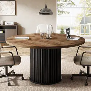 47" Round Conference Table, Black Meeting Table for 4-6 People | Small Office Desk with Sturdy MDF + Metal Base, Perfect for Conference Room or Small Workspaces, Easy Assembly, Brown + Black 47" Round Conference Table, Black Meeting Table for 4-6 People | Small Office Desk with Sturdy MDF + Metal Base, Perfect for Conference Room or Small Workspaces, Easy Assembly, Brown + Black