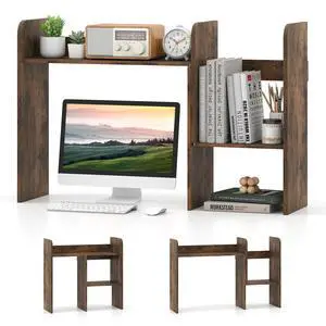 Extendable Desktop Bookshelf, Dorm Desk Hutch, Rustic Brown | Width Adjustable Countertop Storage Hutch, Open Shelves, 2-Tier Display Rack, Wooden Modern Shelf for Home Office College Extendable Desktop Bookshelf, Dorm Desk Hutch, Rustic Brown | Width Adjustable Countertop Storage Hutch, Open Shelves, 2-Tier Display Rack, Wooden Modern Shelf for Home Office College