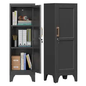 46"H Black Metal Locker with 1 Lockable Door and 2 Adjustable Shelves For Employees, 3 Tier Small Storage Cabinet with Detachable Legs and Vintage Handle for Kitchen,Office,Gym,School,Easy Assembly 46"H Black Metal Locker with 1 Lockable Door and 2 Adjustable Shelves For Employees, 3 Tier Small Storage Cabinet with Detachable Legs and Vintage Handle for Kitchen,Office,Gym,School,Easy Assembly