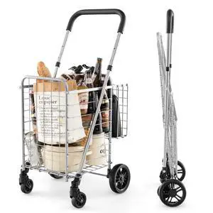 Folding Shopping Utility Cart, Double Basket and 360° Swivel Wheels, Adjustable Handle, Small Cart Perfect for Grocery Laundry Book Luggage Travel Folding Shopping Utility Cart, Double Basket and 360° Swivel Wheels, Adjustable Handle, Small Cart Perfect for Grocery Laundry Book Luggage Travel