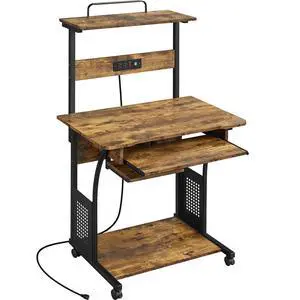 3 Tiers Rolling Computer Desk with Power Outlet and USB Ports for Space Saving, Home Office Desk with Keyboard Tray and Printer Shelf on Wheels, Laptop PC Workstation Table, Rustic Brown 3 Tiers Rolling Computer Desk with Power Outlet and USB Ports for Space Saving, Home Office Desk with Keyboard Tray and Printer Shelf on Wheels, Laptop PC Workstation Table, Rustic Brown